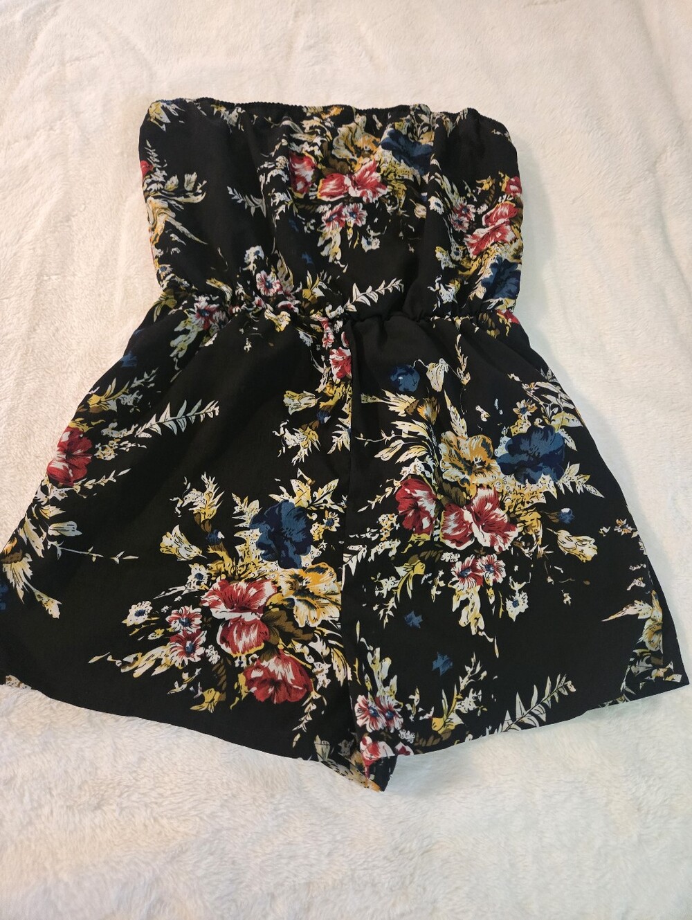 SHEIN Black Floral Strapless Shorts Romper with Red Blue Yellow Accents